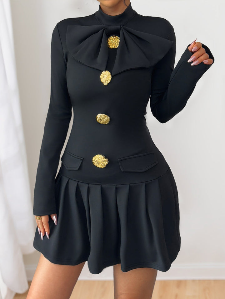 High-neck bow button dress – White Dress