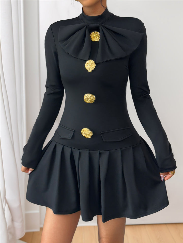 High-neck bow button dress – White Dress