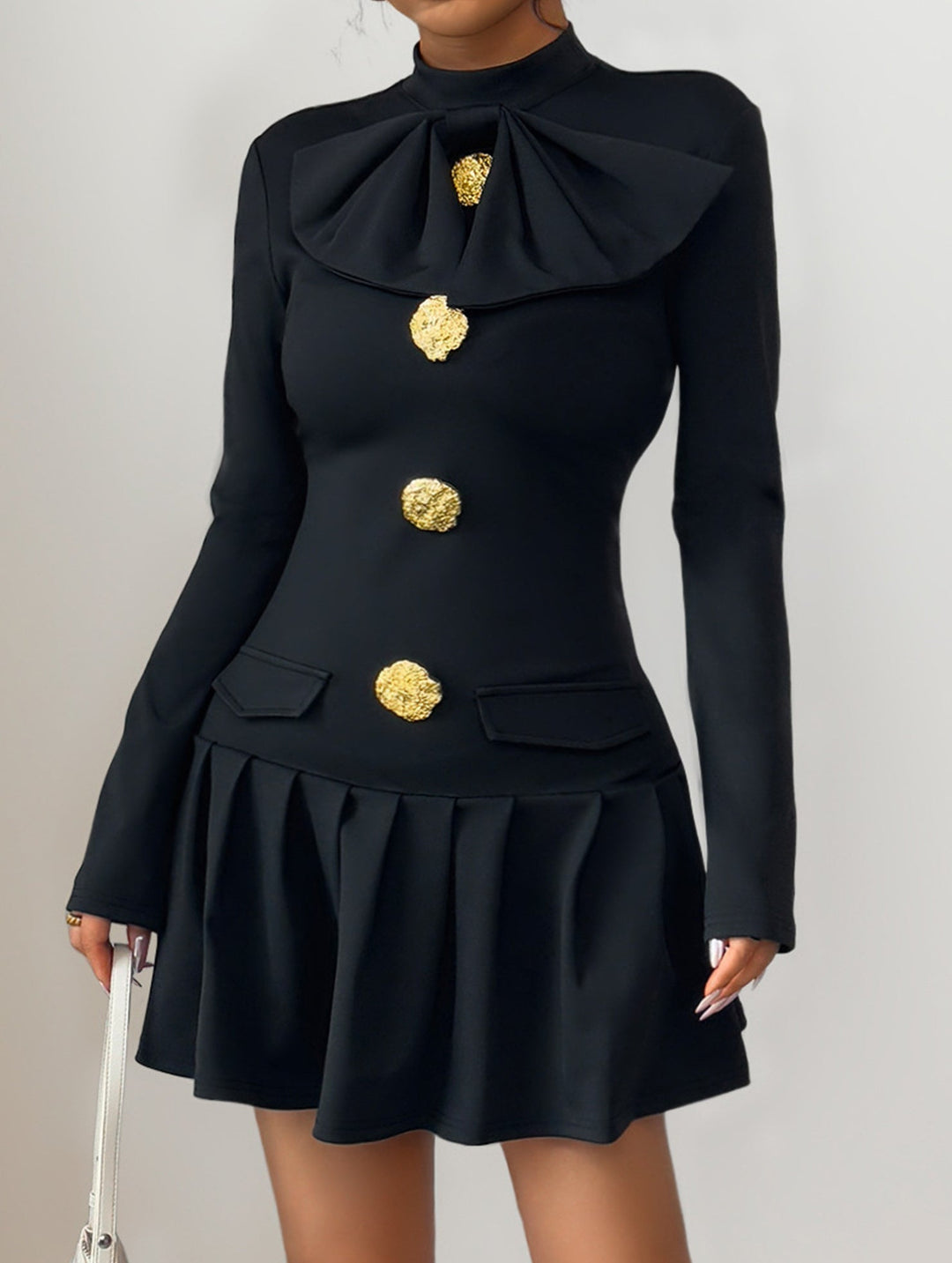 High-neck bow button dress – White Dress