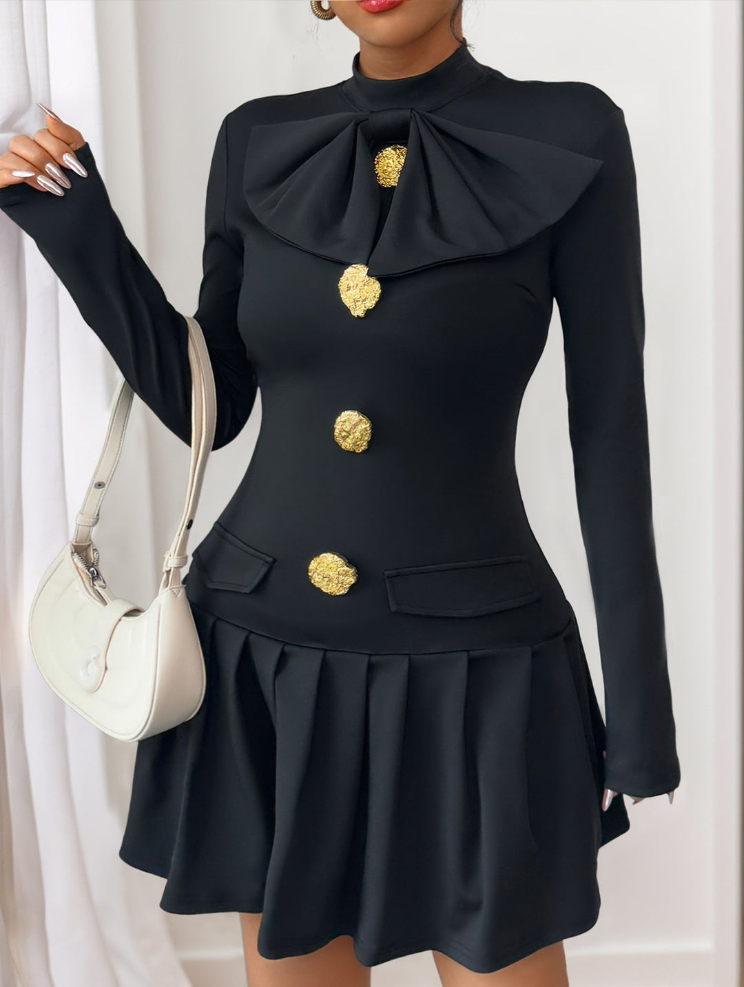 High-neck bow button dress – White Dress