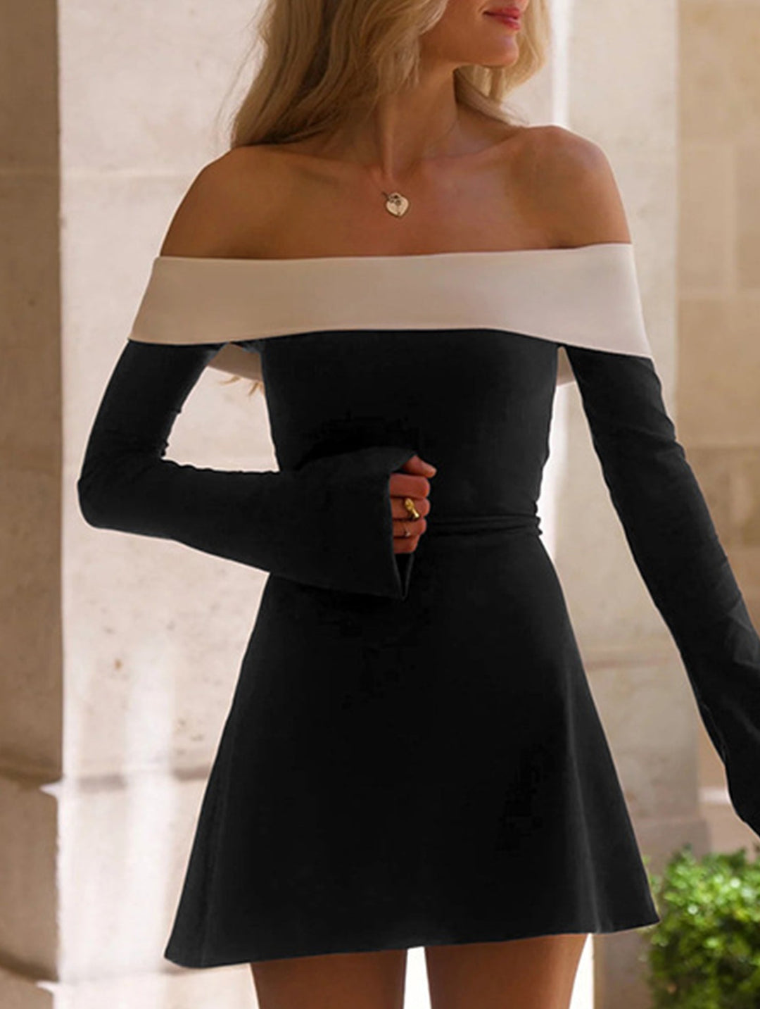 off-shoulder bell sleeve dress – White Dress
