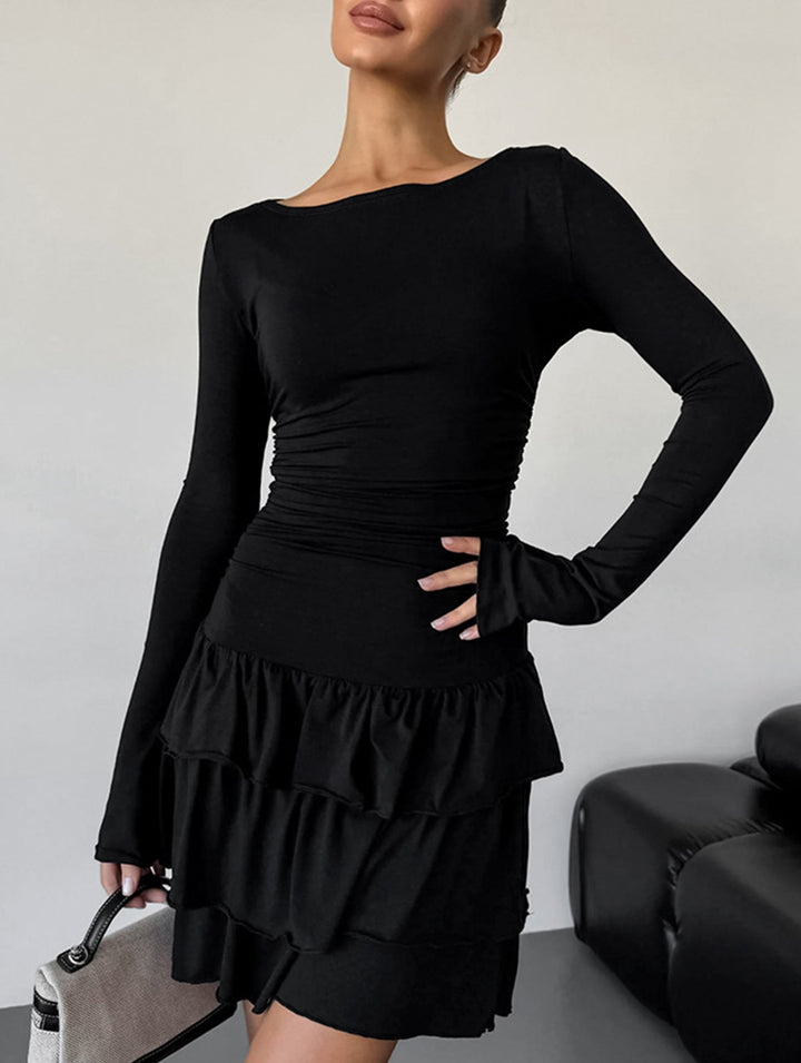 Waist Cinched Ruffle Long Sleeve Work Dress – White Dress