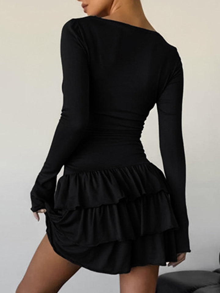 Waist Cinched Ruffle Long Sleeve Work Dress – White Dress