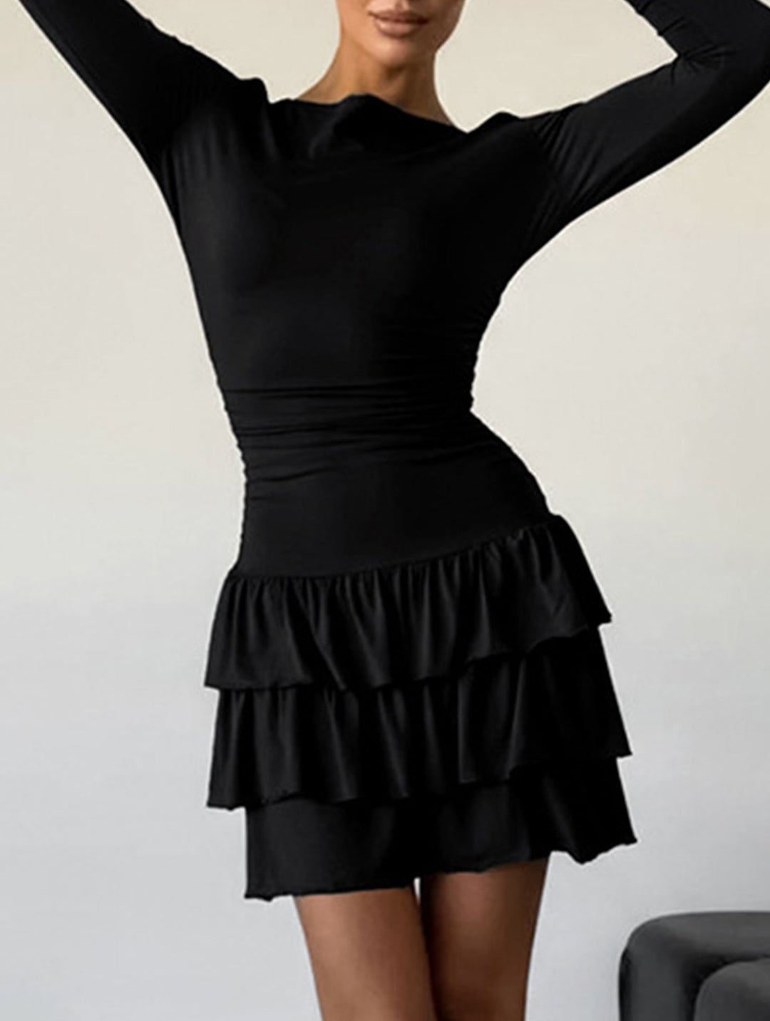 Waist Cinched Ruffle Long Sleeve Work Dress – White Dress