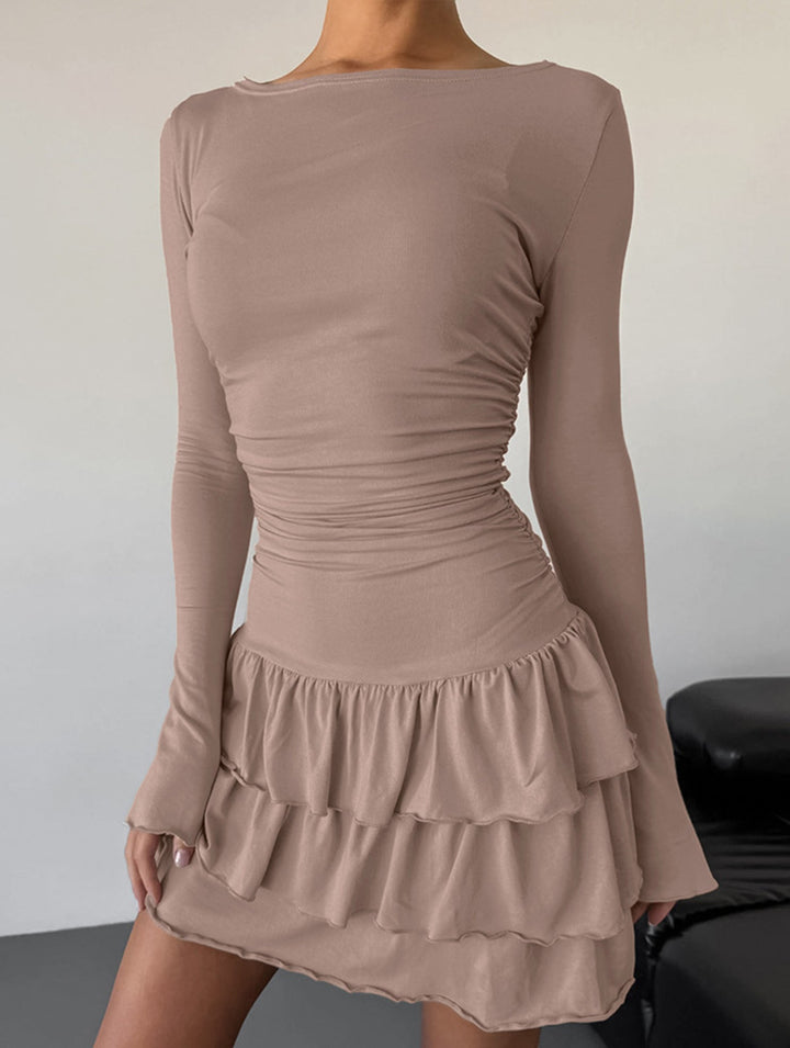 Waist Cinched Ruffle Long Sleeve Work Dress – White Dress