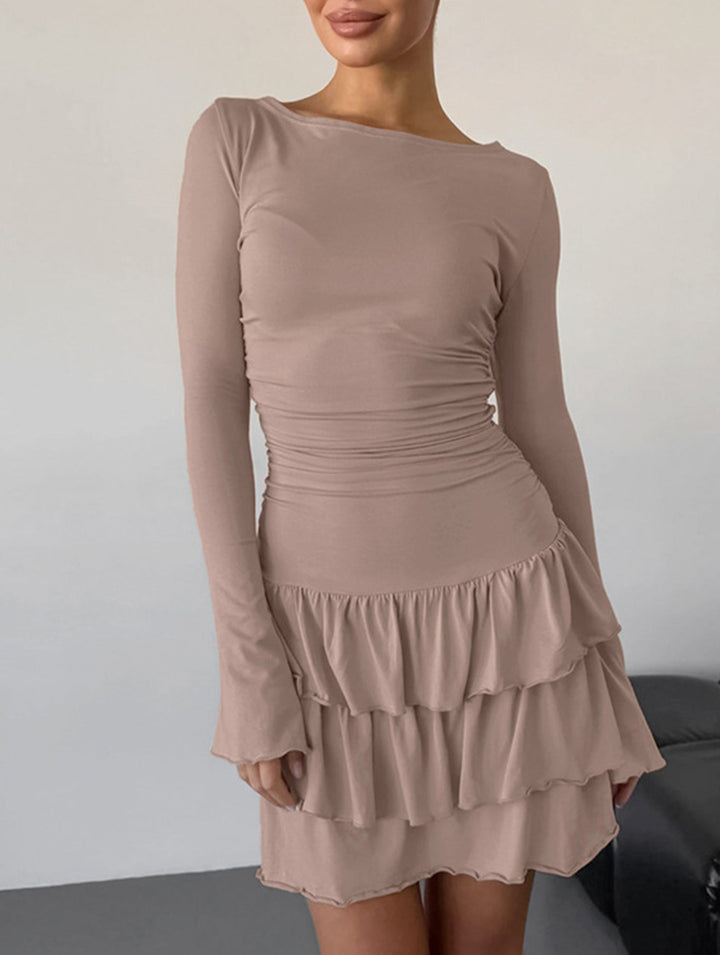 Waist Cinched Ruffle Long Sleeve Work Dress – White Dress