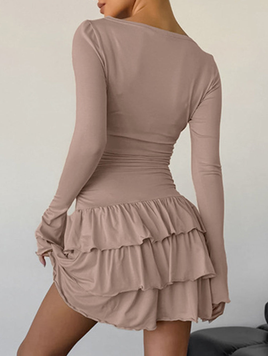 Waist Cinched Ruffle Long Sleeve Work Dress – White Dress