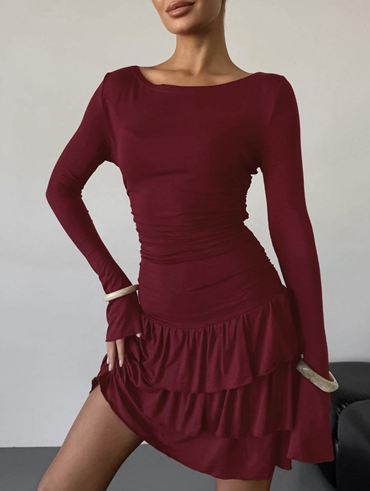 Waist Cinched Ruffle Long Sleeve Work Dress – White Dress
