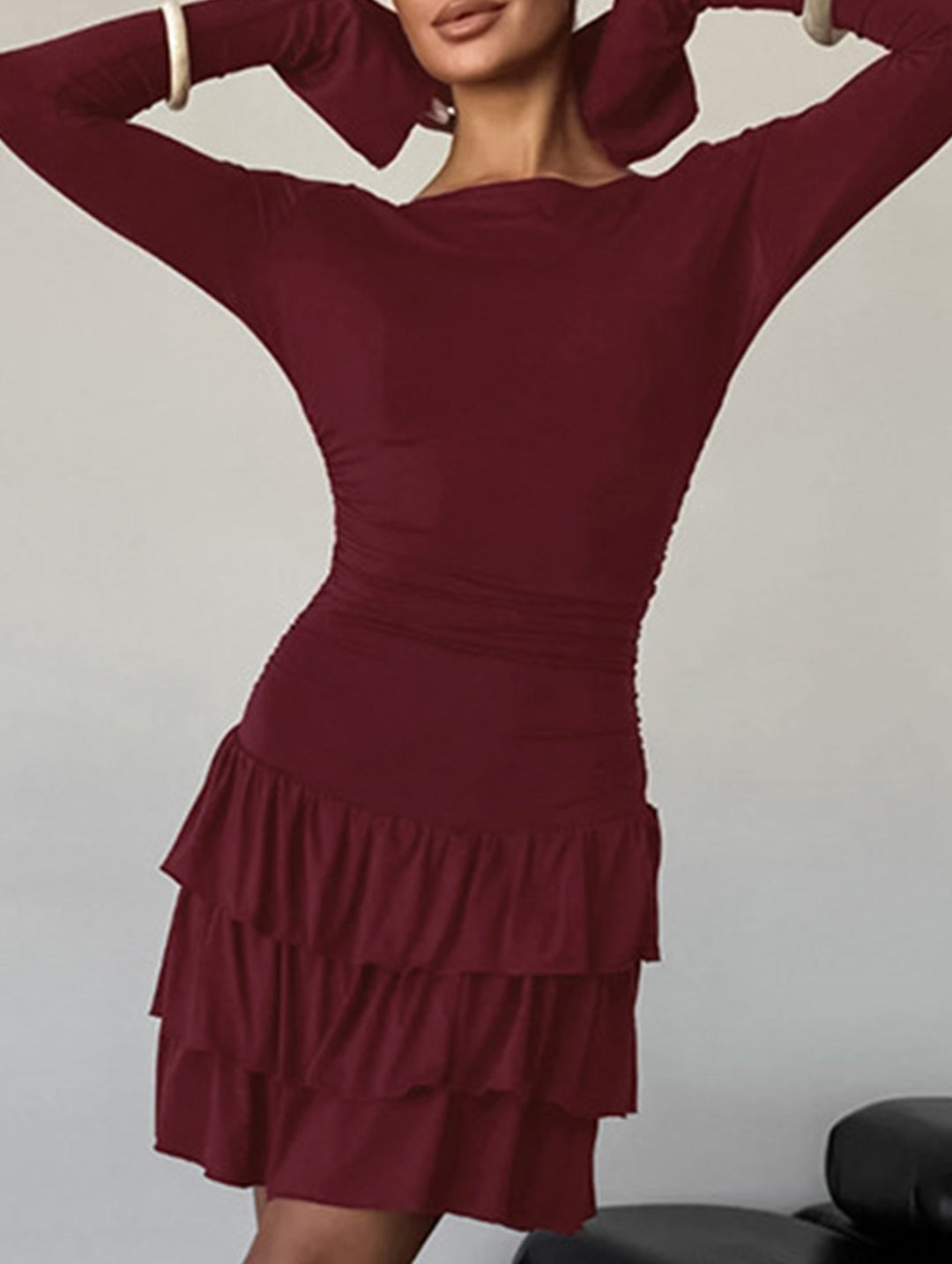 Waist Cinched Ruffle Long Sleeve Work Dress – White Dress