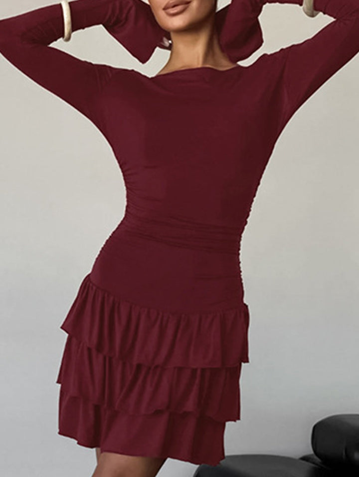Waist Cinched Ruffle Long Sleeve Work Dress – White Dress
