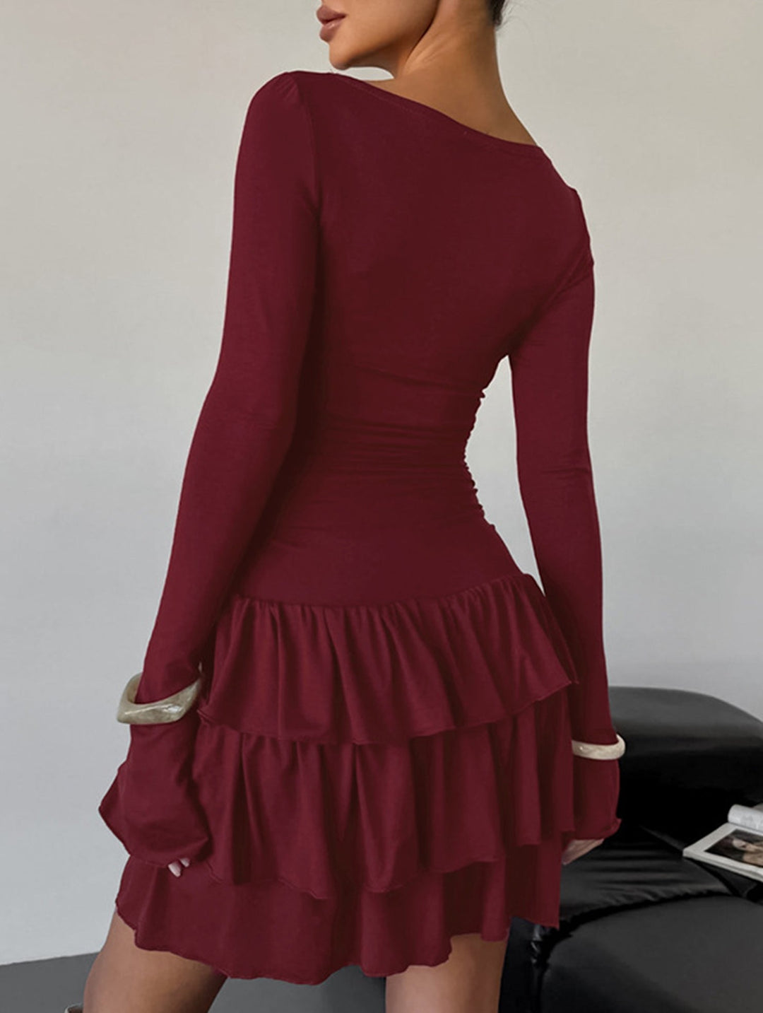Waist Cinched Ruffle Long Sleeve Work Dress – White Dress