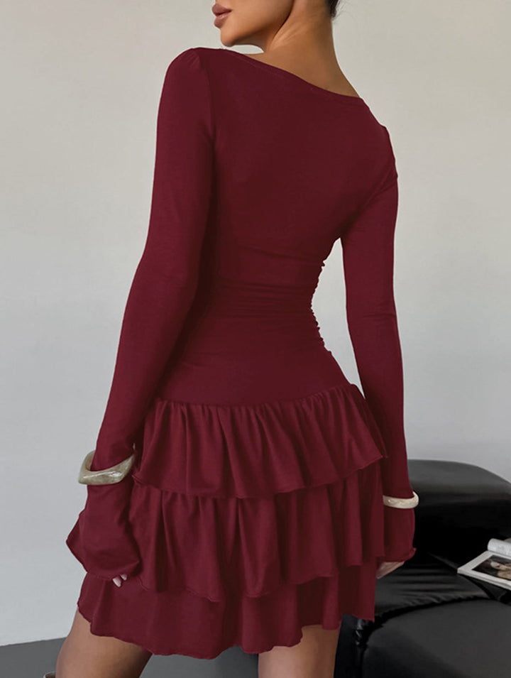 Waist Cinched Ruffle Long Sleeve Work Dress – White Dress