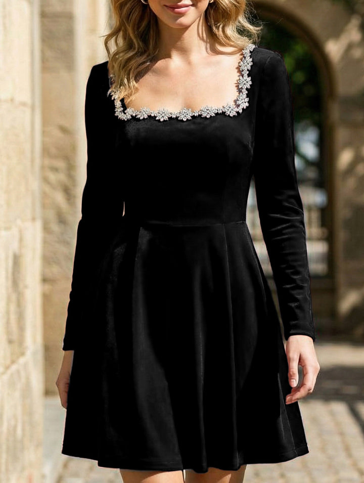 Stylish velvet square neck elegant dress for women – White Dress