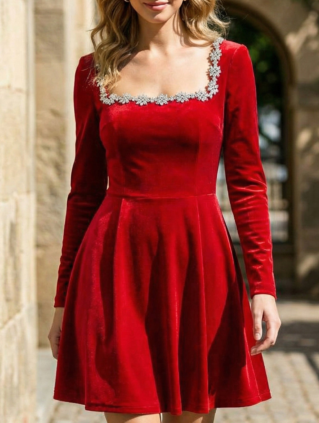 Stylish velvet square neck elegant dress for women – White Dress