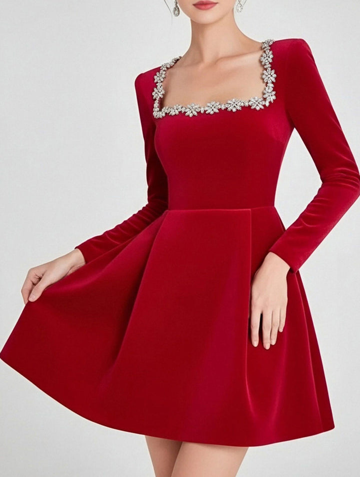 Stylish velvet square neck elegant dress for women – White Dress