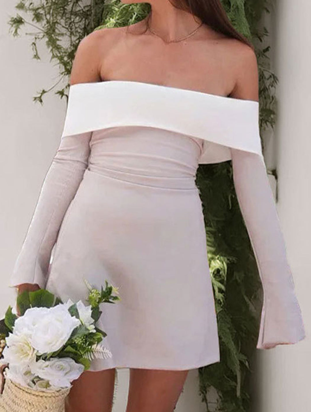 shoulder slim-fit waist dress for women – White Dress