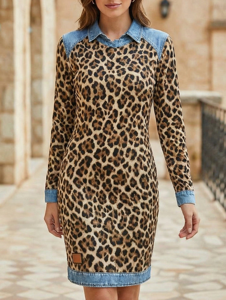 Leopard Print Denim Patchwork A Line Dress – Work Dress