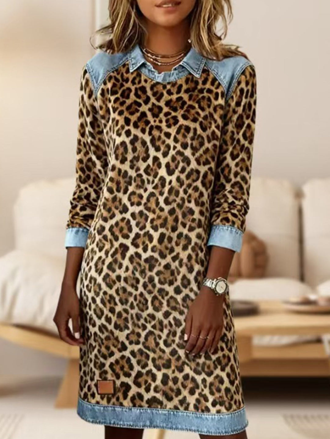 Leopard Print Denim Patchwork A Line Dress – Work Dress