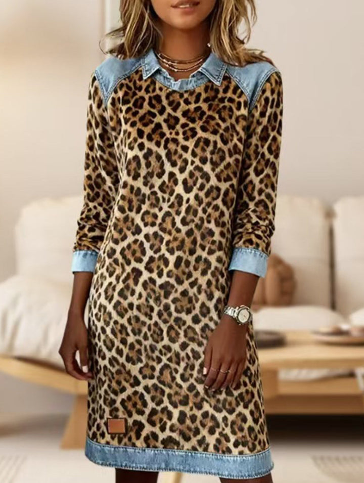 Leopard Print Denim Patchwork A Line Dress – Work Dress