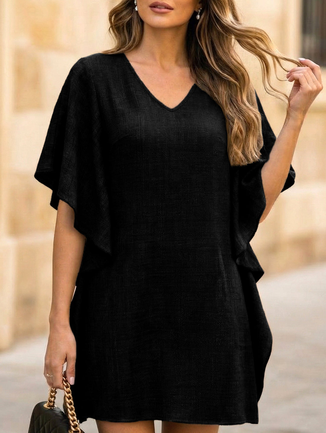 Solid Loose Ruffle V Neck Flowy Dress – White Dress