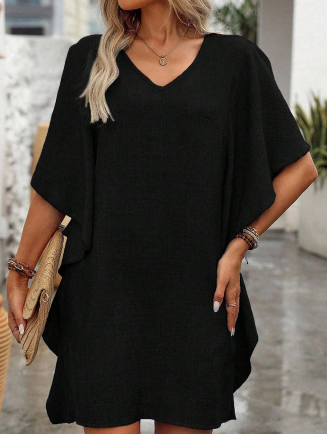 Solid Loose Ruffle V Neck Flowy Dress – White Dress