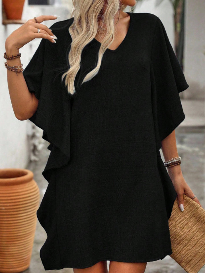 Solid Loose Ruffle V Neck Flowy Dress – White Dress