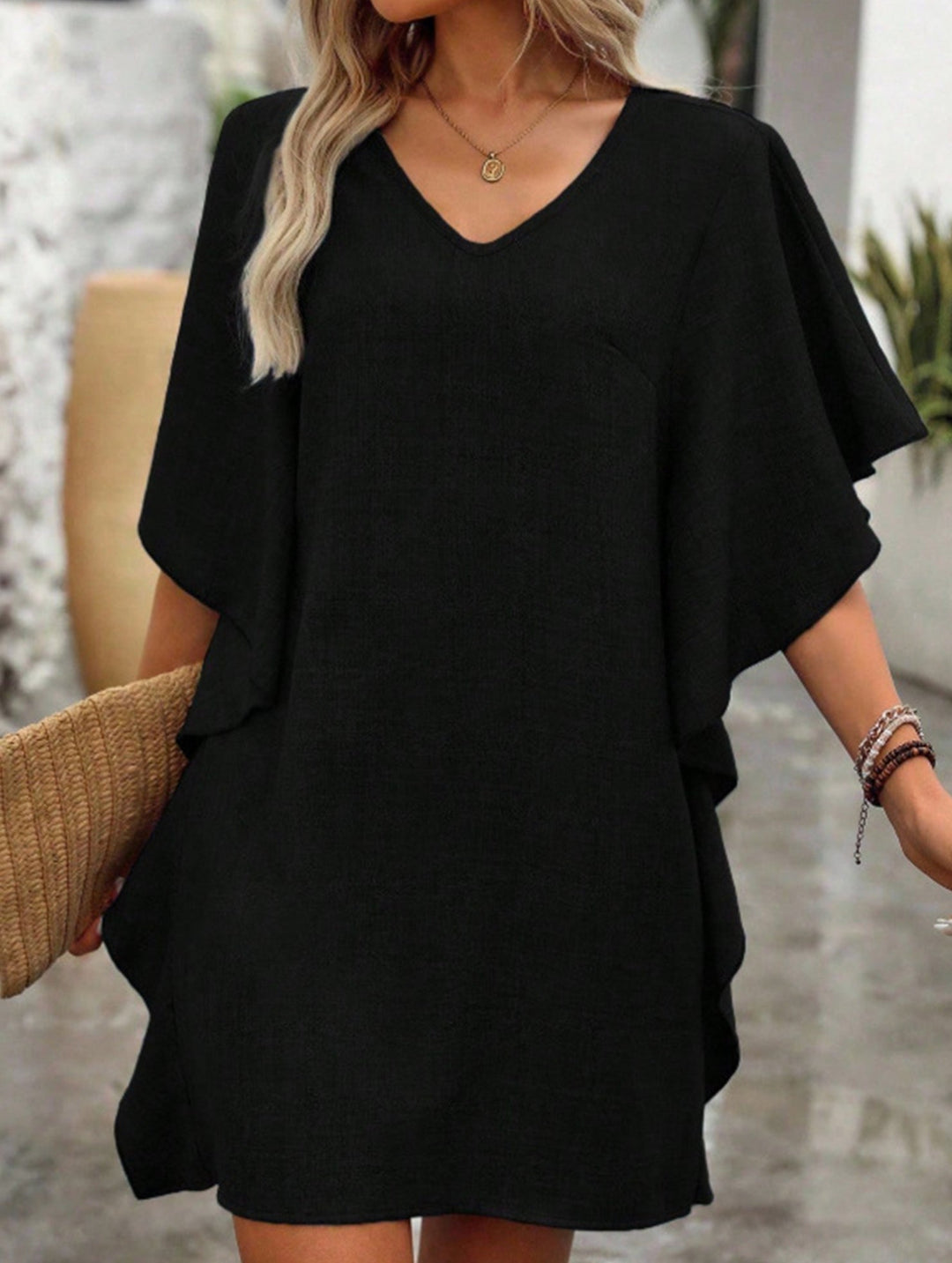 Solid Loose Ruffle V Neck Flowy Dress – White Dress