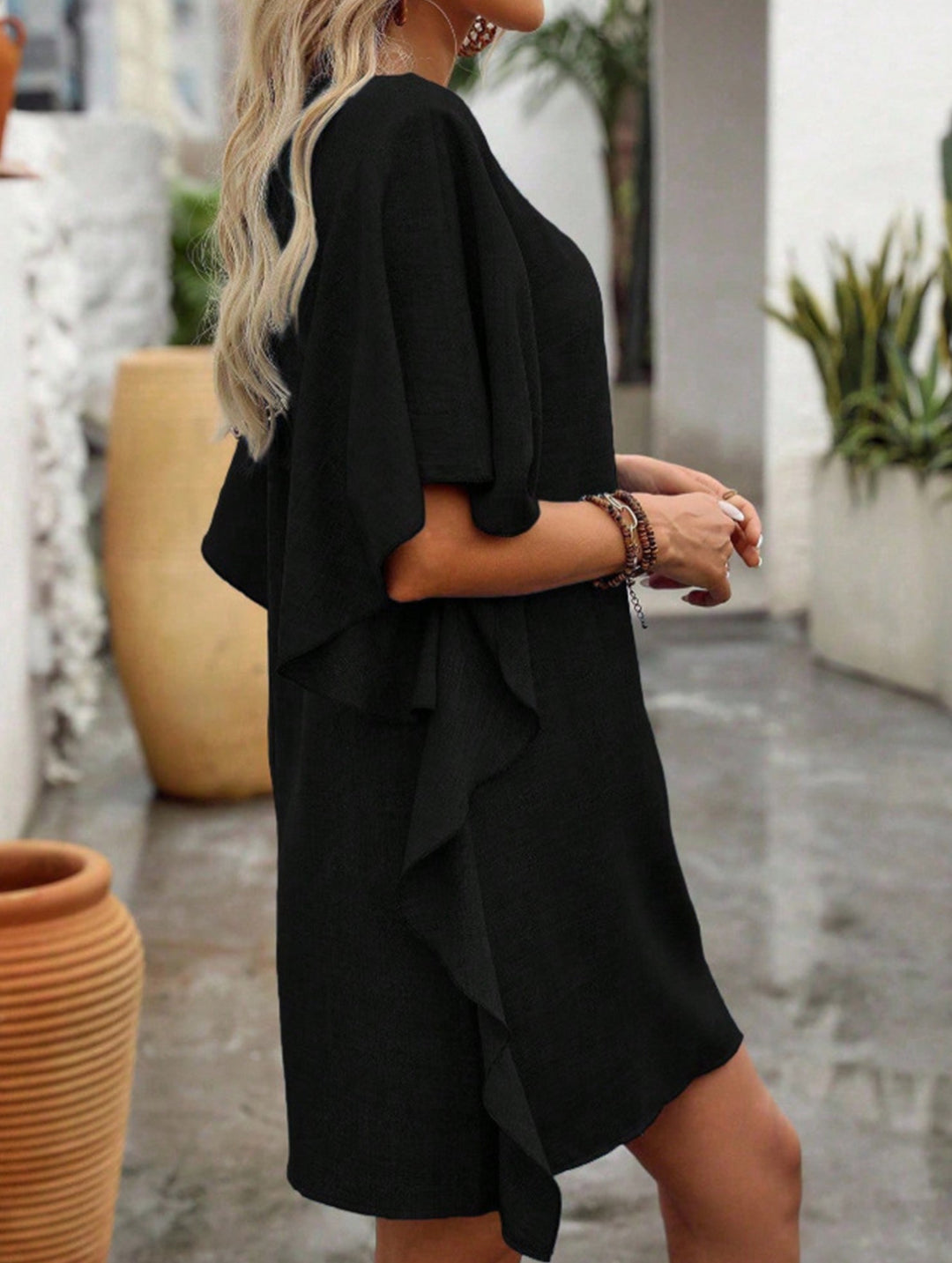 Solid Loose Ruffle V Neck Flowy Dress – White Dress
