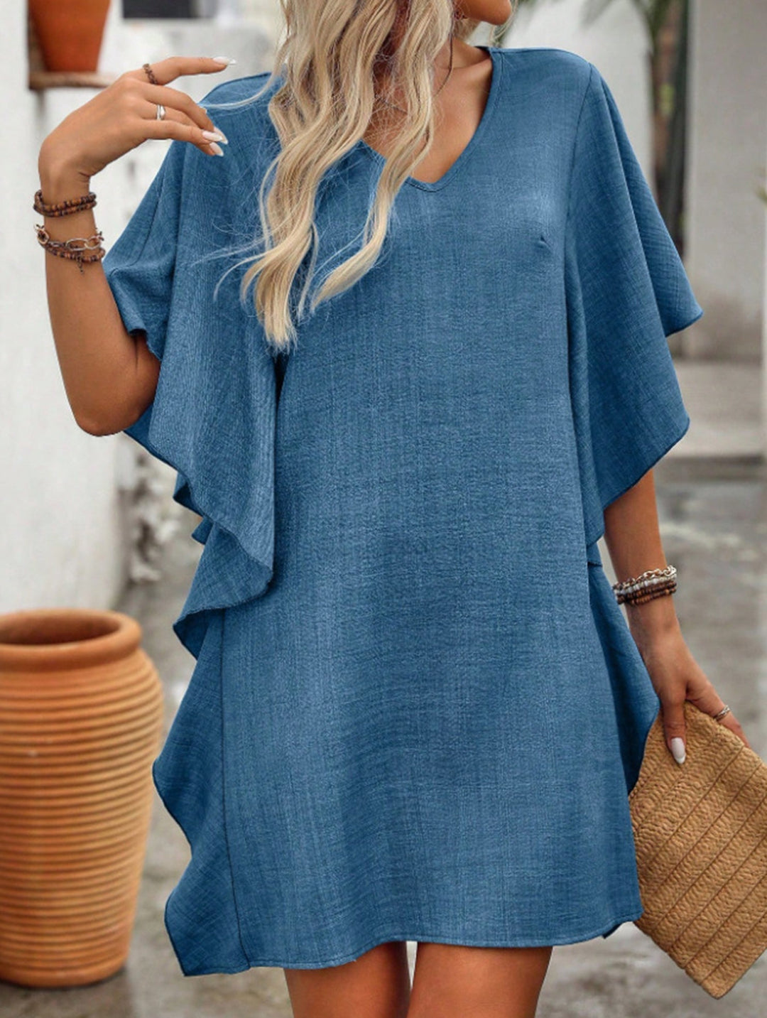 Solid Loose Ruffle V Neck Flowy Dress – White Dress