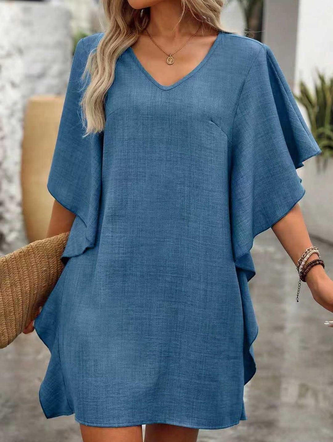 Solid Loose Ruffle V Neck Flowy Dress – White Dress
