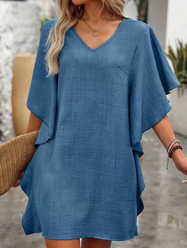 Solid Loose Ruffle V Neck Flowy Dress – White Dress