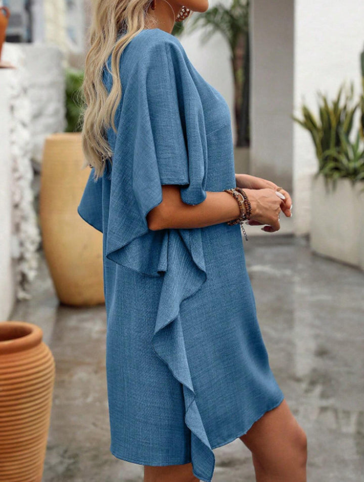 Solid Loose Ruffle V Neck Flowy Dress – White Dress
