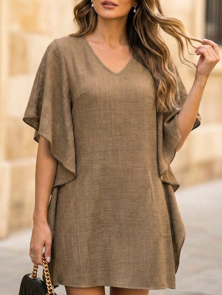 Solid Loose Ruffle V Neck Flowy Dress – White Dress