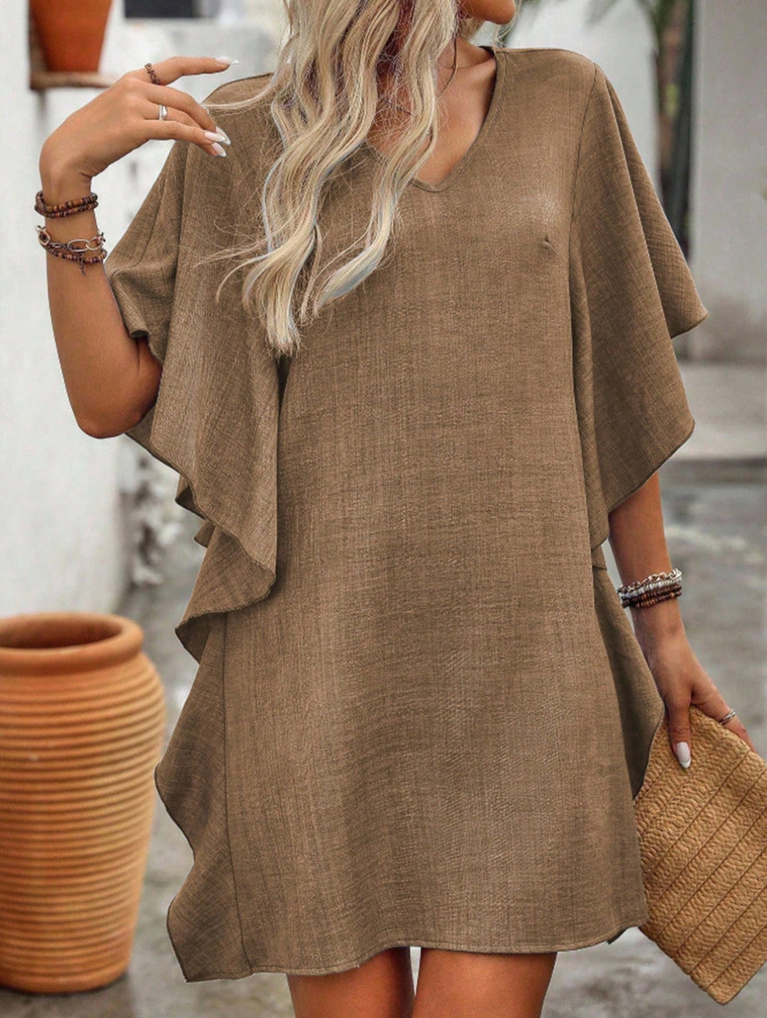 Solid Loose Ruffle V Neck Flowy Dress – White Dress