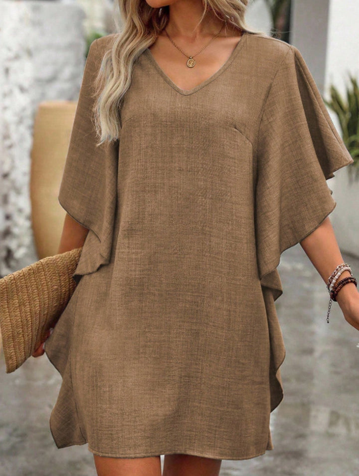 Solid Loose Ruffle V Neck Flowy Dress – White Dress