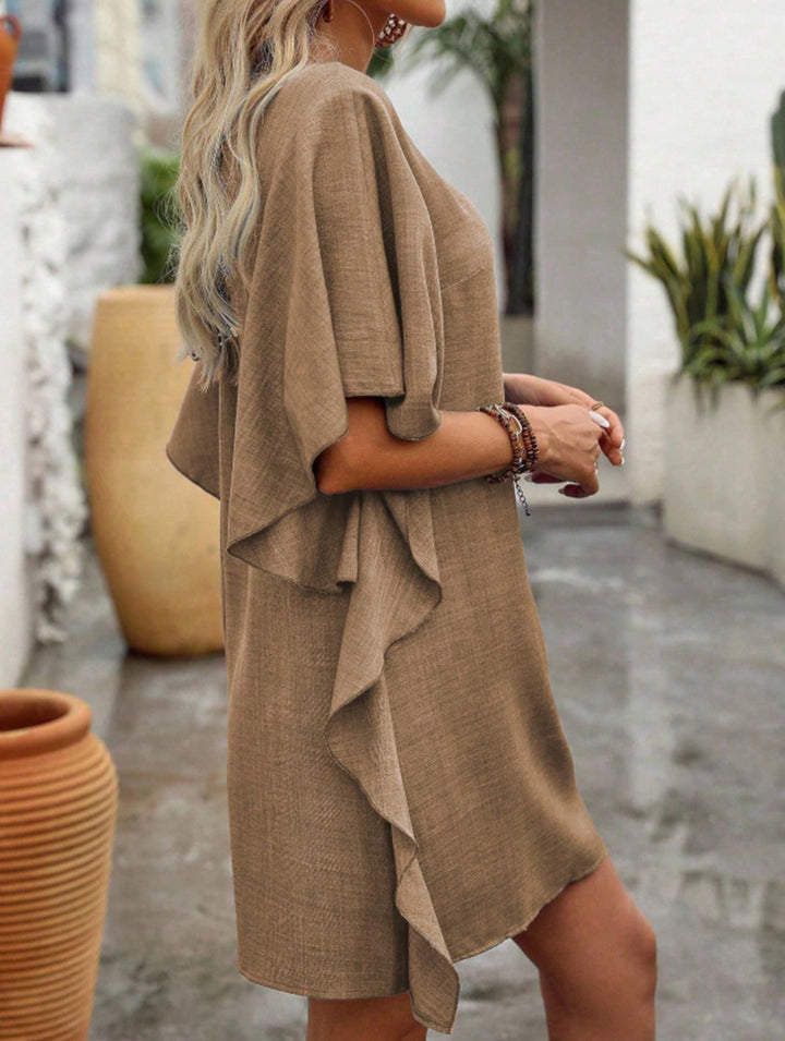 Solid Loose Ruffle V Neck Flowy Dress – White Dress