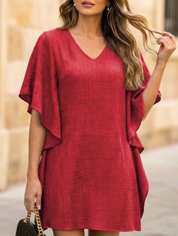 Solid Loose Ruffle V Neck Flowy Dress – White Dress