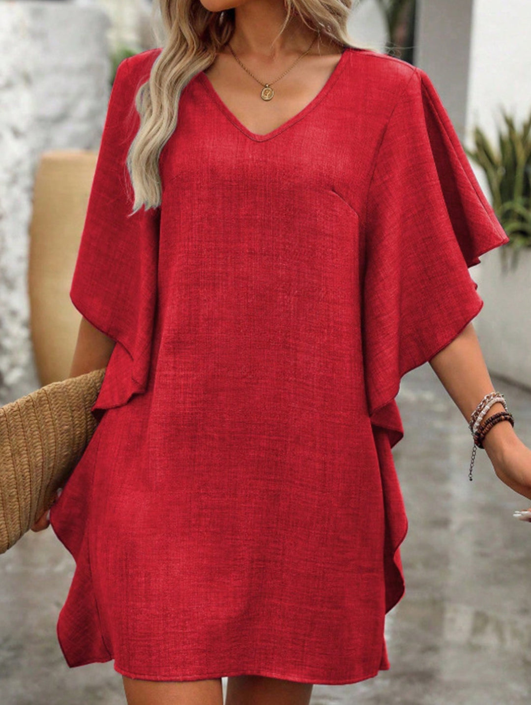 Solid Loose Ruffle V Neck Flowy Dress – White Dress