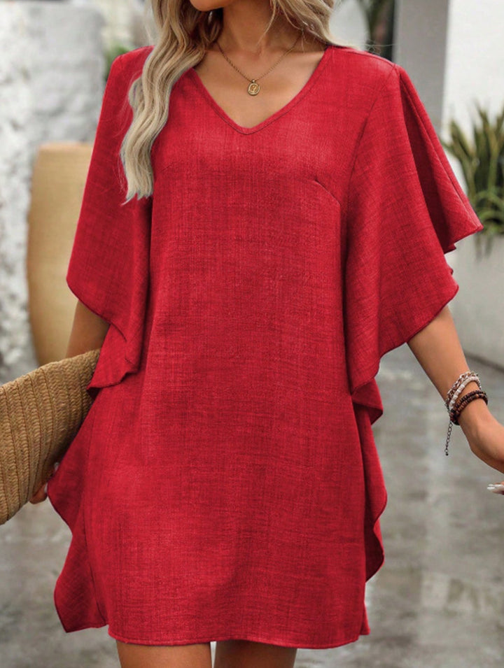 Solid Loose Ruffle V Neck Flowy Dress – White Dress