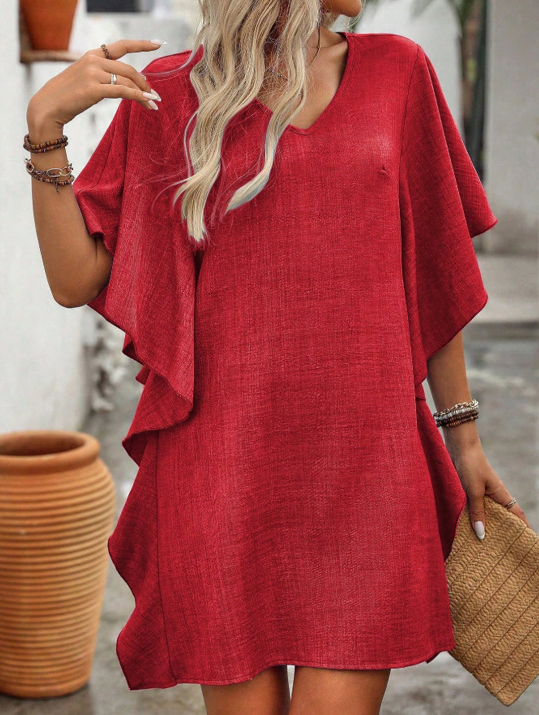 Solid Loose Ruffle V Neck Flowy Dress – White Dress