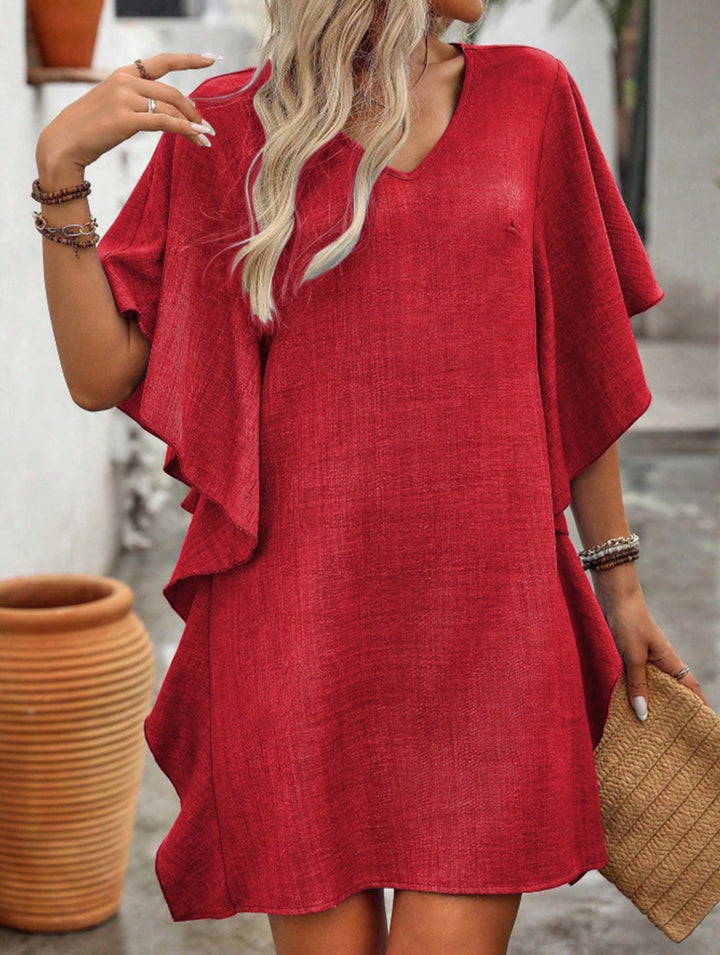 Solid Loose Ruffle V Neck Flowy Dress – White Dress