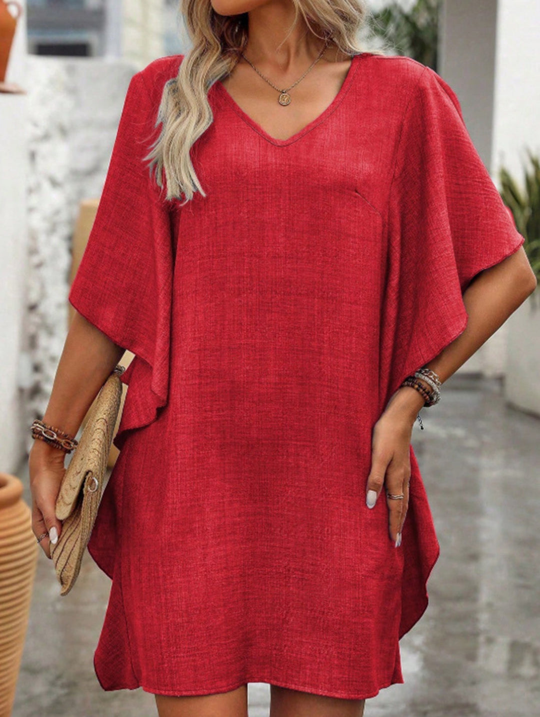 Solid Loose Ruffle V Neck Flowy Dress – White Dress