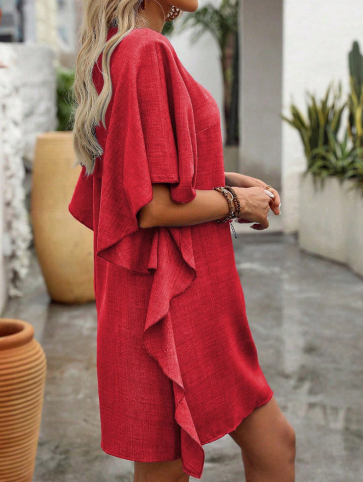 Solid Loose Ruffle V Neck Flowy Dress – White Dress