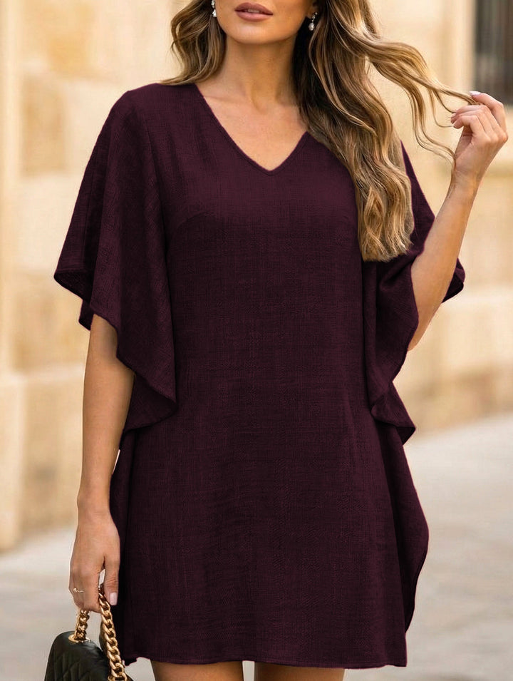Solid Loose Ruffle V Neck Flowy Dress – White Dress