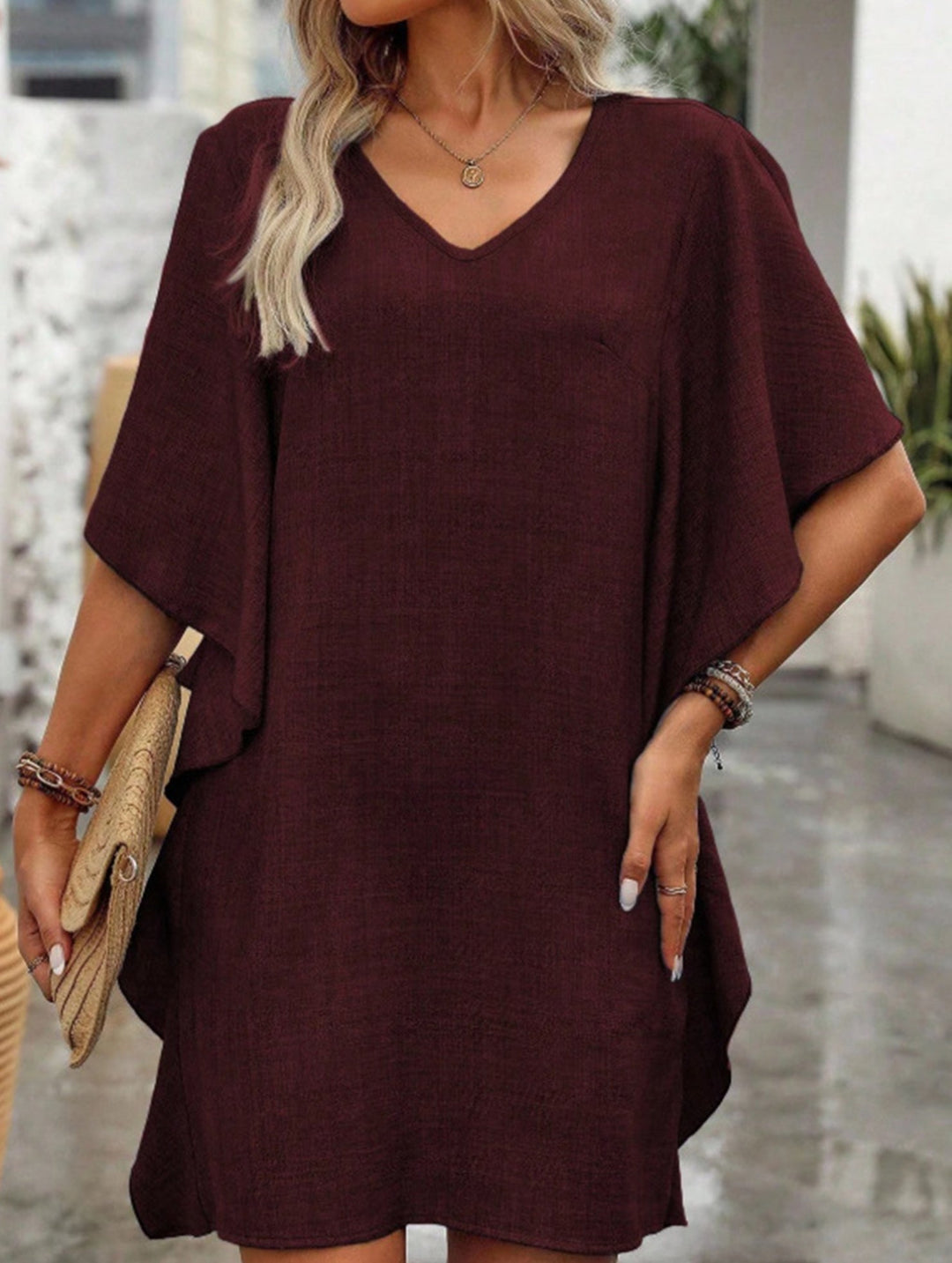 Solid Loose Ruffle V Neck Flowy Dress – White Dress