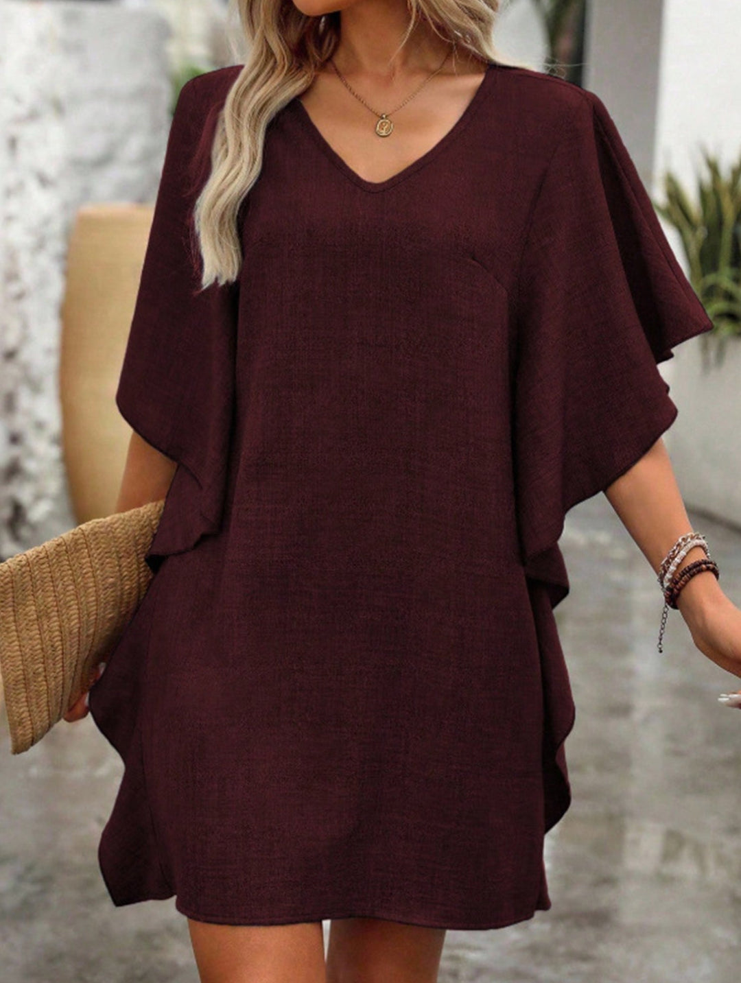 Solid Loose Ruffle V Neck Flowy Dress – White Dress