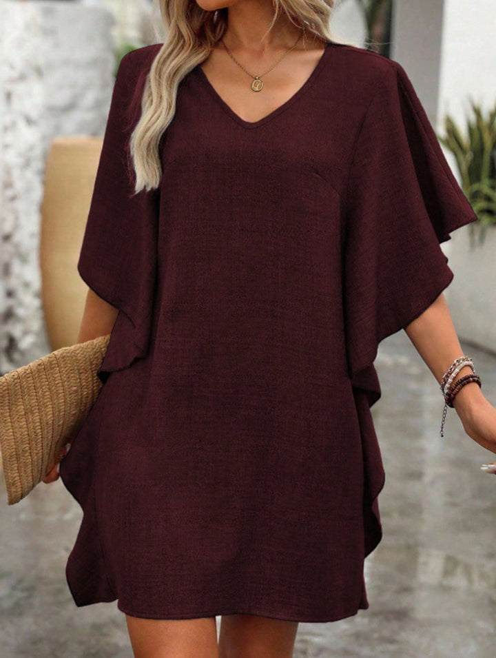 Solid Loose Ruffle V Neck Flowy Dress – White Dress