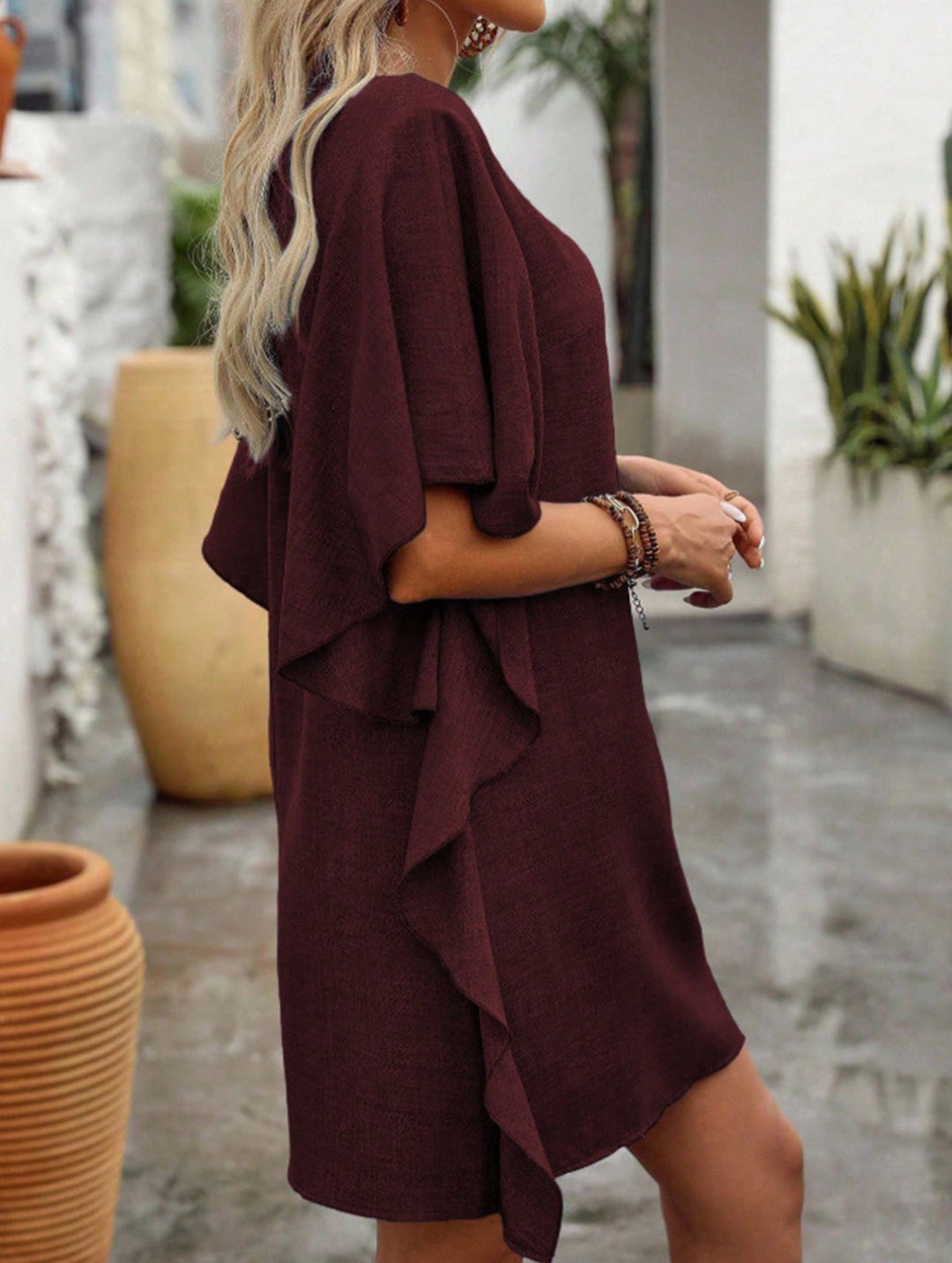 Solid Loose Ruffle V Neck Flowy Dress – White Dress