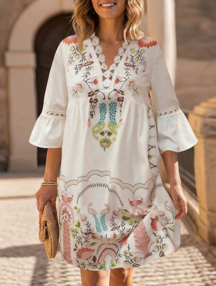 V Neck Lace Patch Print Dress – White Dress
