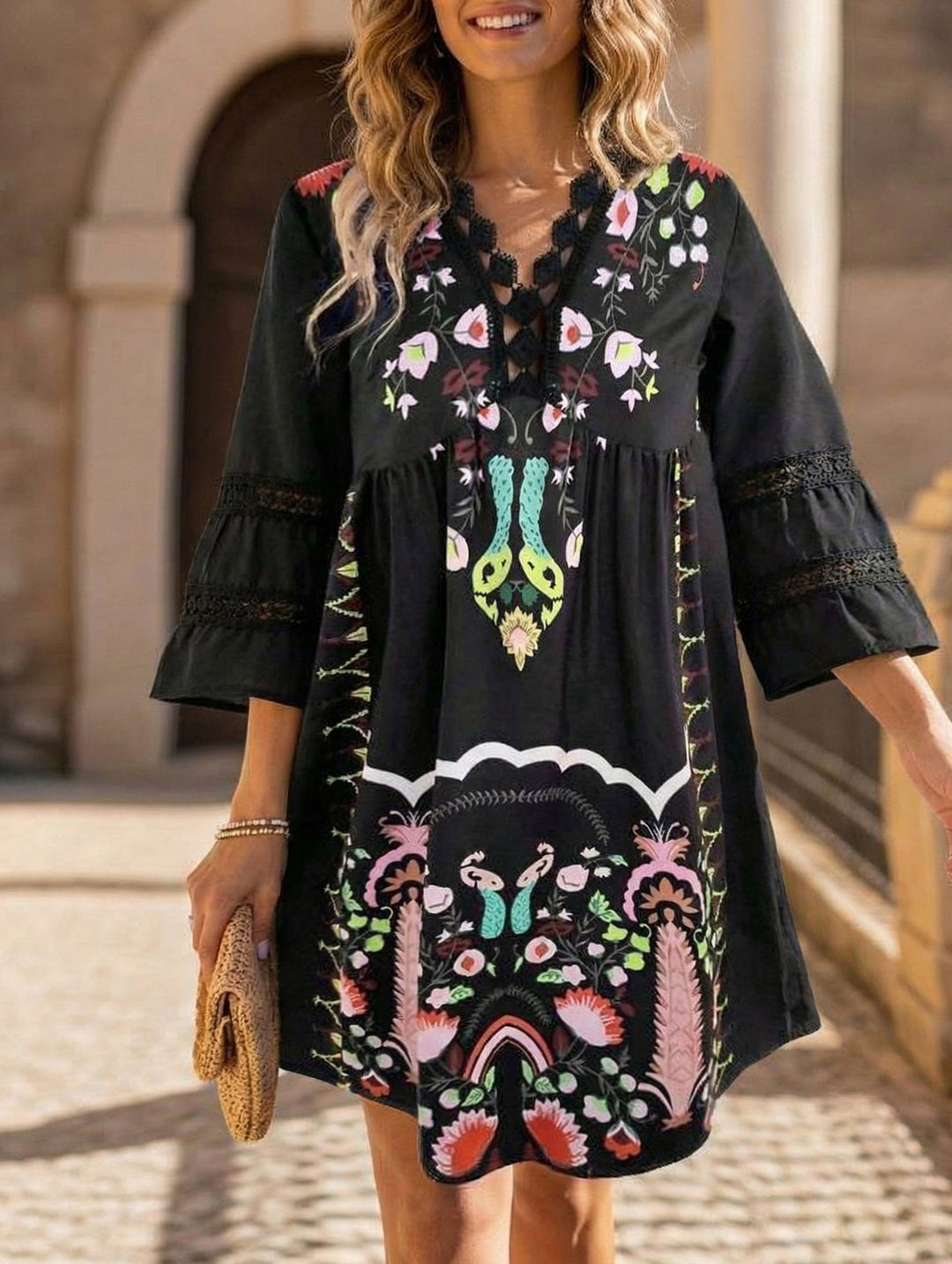 V Neck Lace Patch Print Dress – White Dress